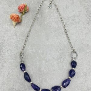 A necklace with blue stones and silver chain.